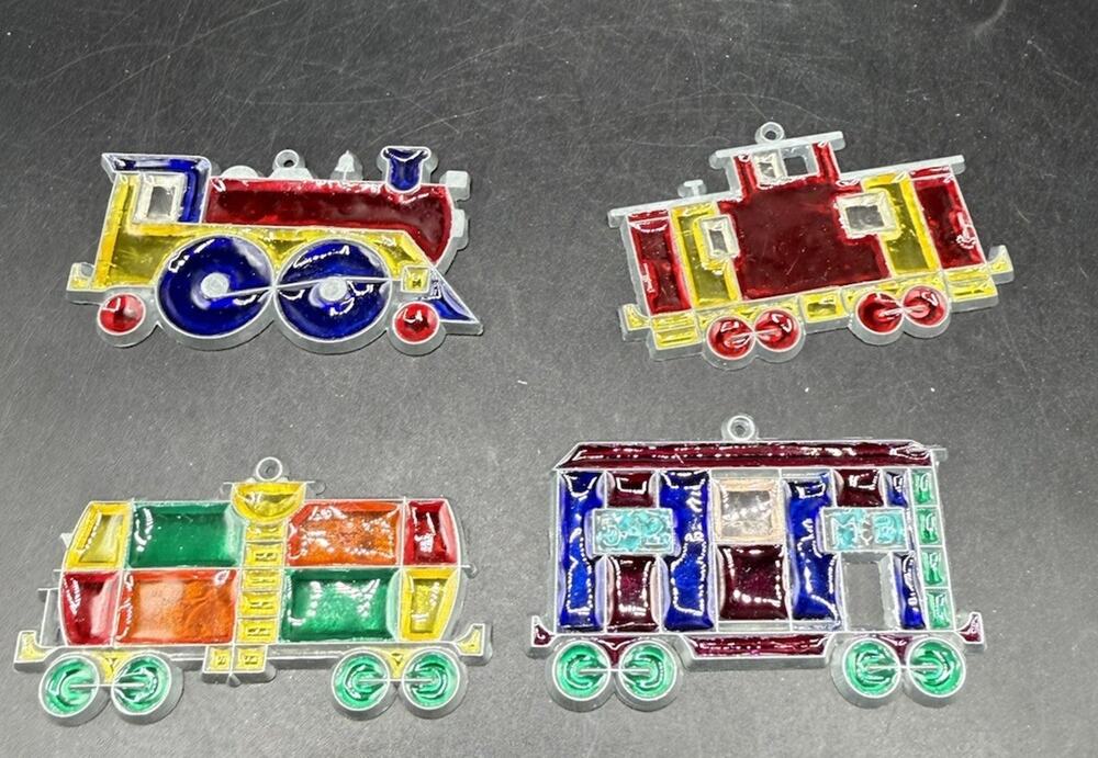 4 Vintage Suncatcher Stained Glass Christmas Ornament Train Engine Cars -LO31